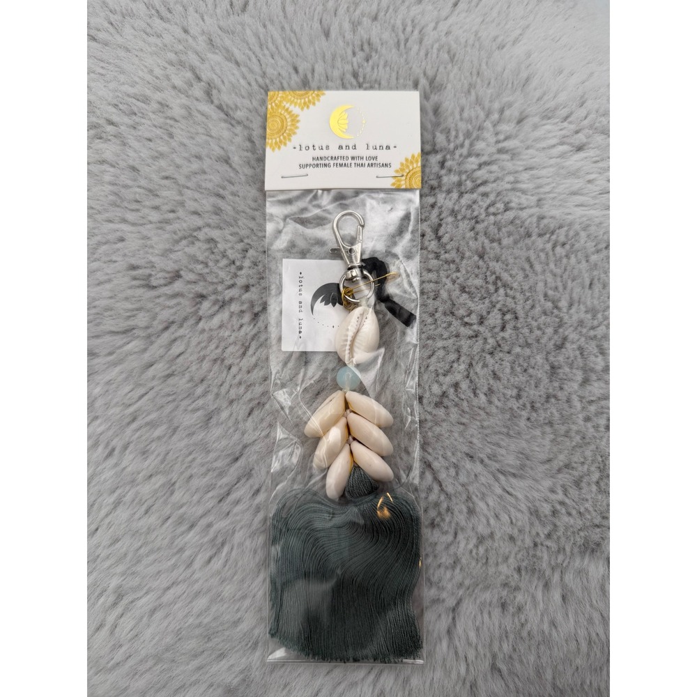 Lotus and Luna Keychain OS Charcoal Grey Cowrie Shell Moonstone Tassel NEW